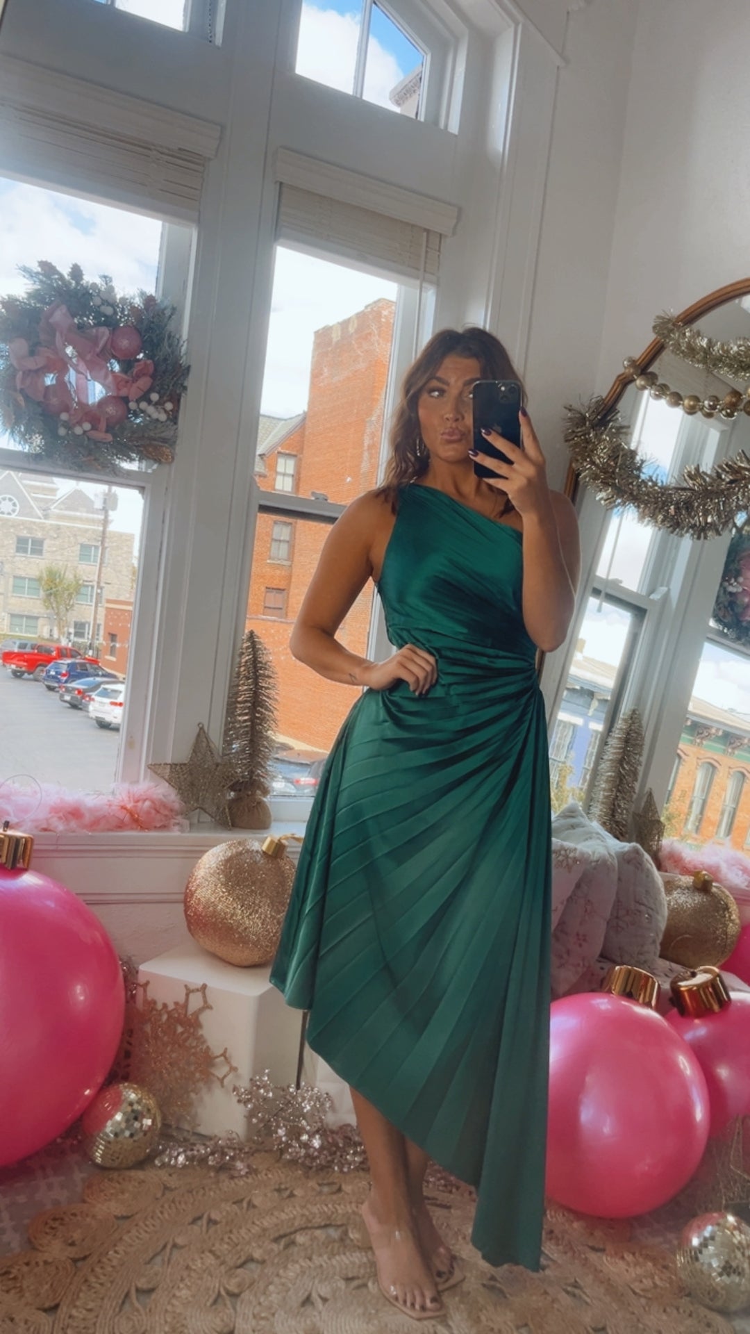 Olivia One Shoulder Satin Pleated Dress, Green