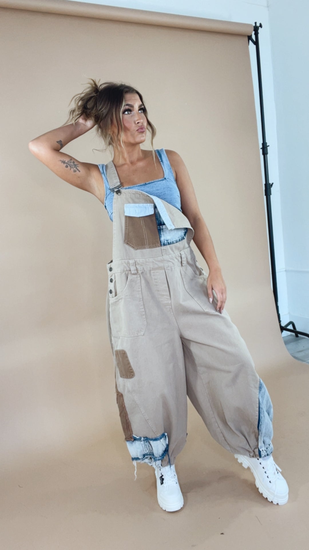 Picture This Patchwork Bib Overalls, Khaki