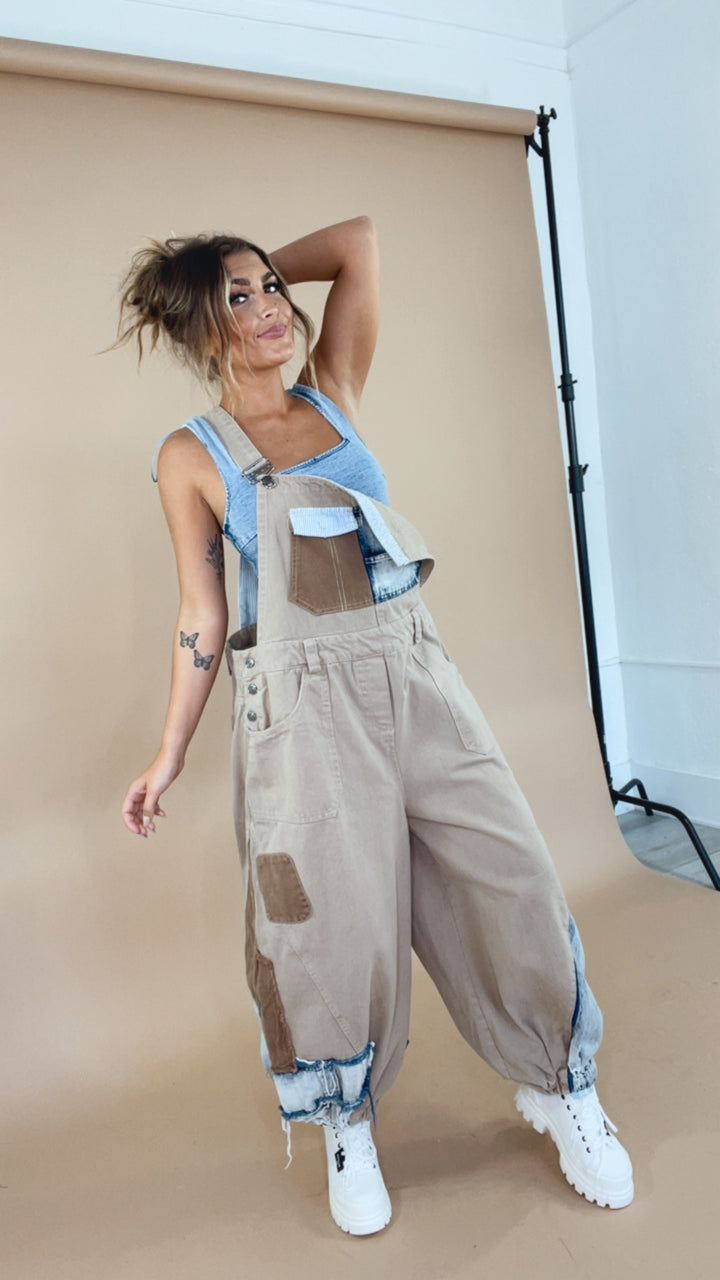 Picture This Patchwork Bib Overalls, Khaki