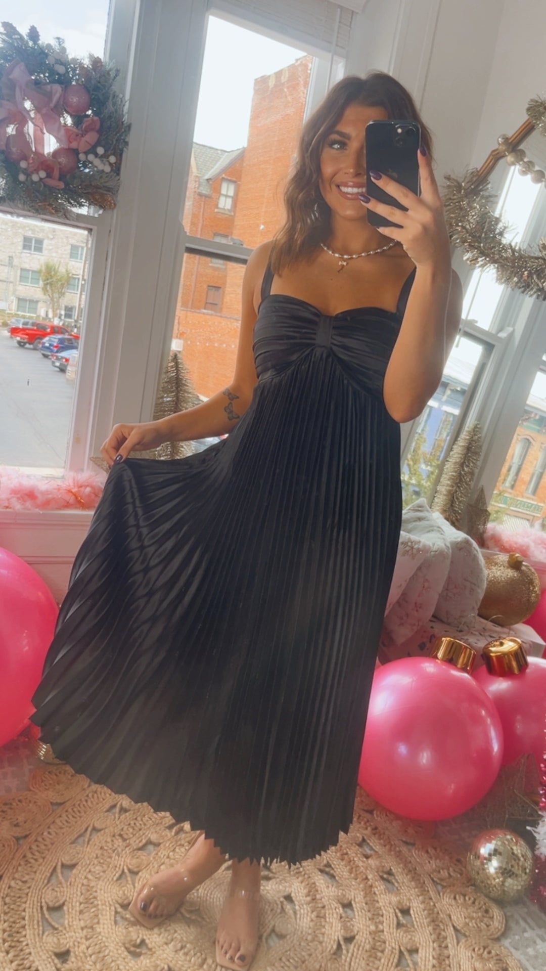 Be Seen Satin Pleated Midi Dress, Black