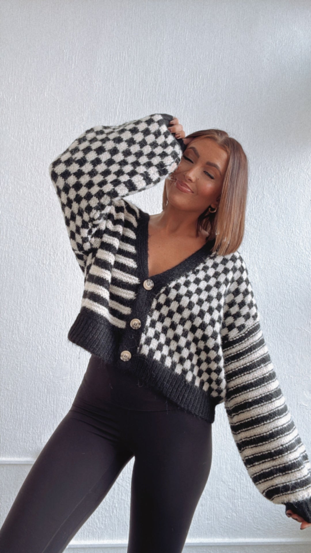 Checkered Button Detail Cardi, Black