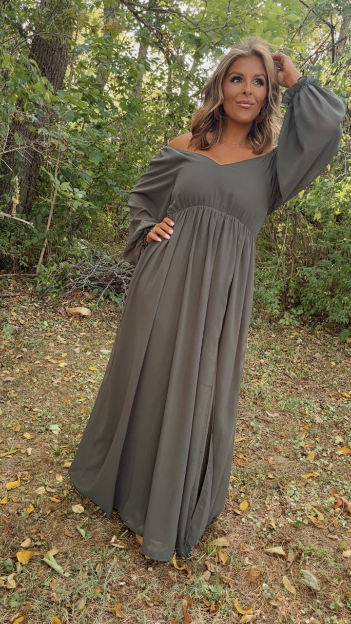 ECB Exclusive: Timeless Romantic Chiffon Maxi Dress, Olive