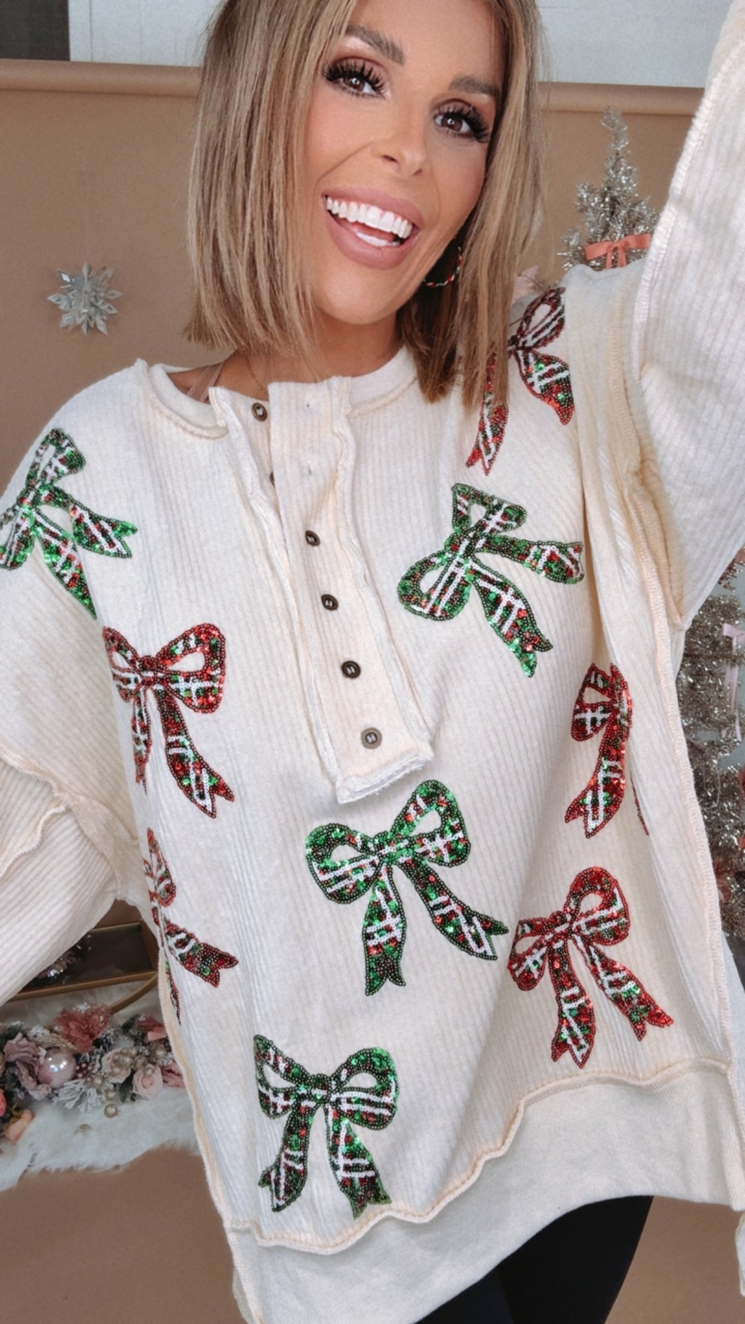 Full Of Cheer Sequin Bow Long Sleeve Top