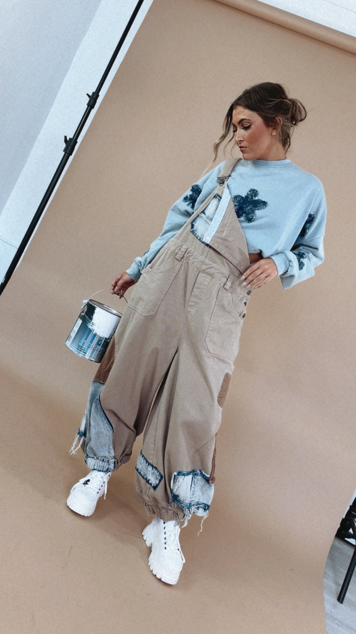 Picture This Patchwork Bib Overalls, Khaki