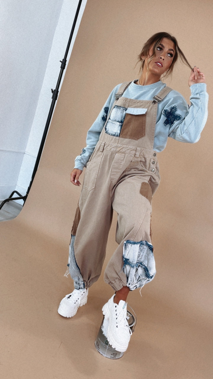 Picture This Patchwork Bib Overalls, Khaki