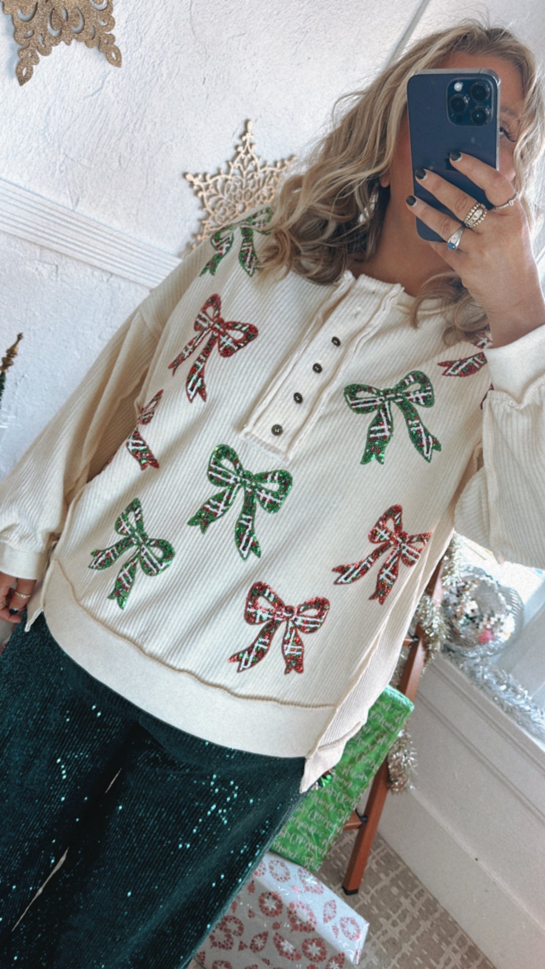 Full Of Cheer Sequin Bow Long Sleeve Top