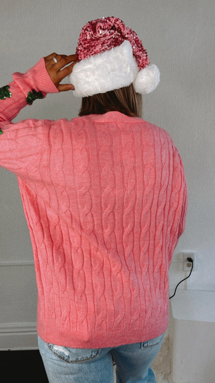 A Pink Christmas Button Up Tree Cardi