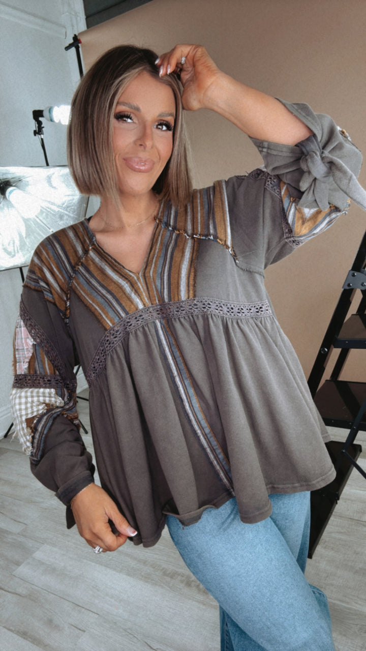 Rare & Rustic Stripe Detailed Top, Charcoal