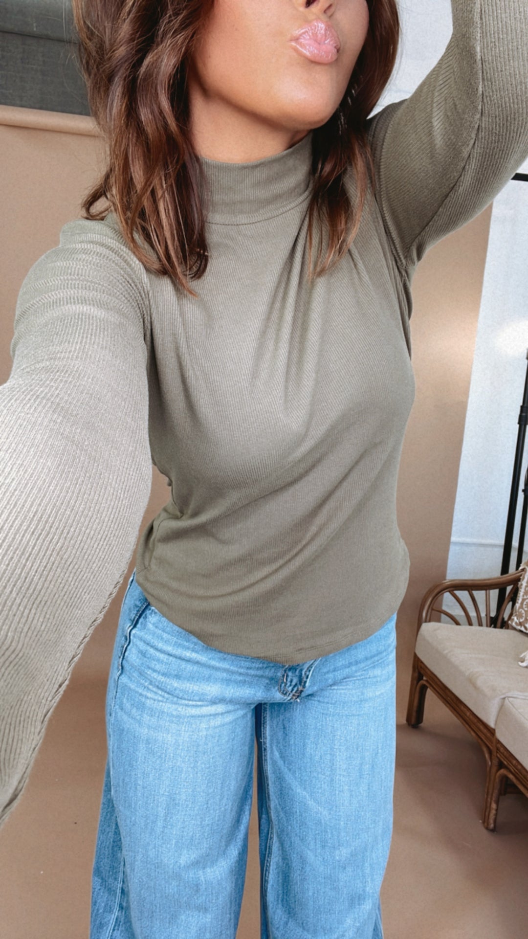 Ribbed Mock Neck Long Sleeve Top, Olive