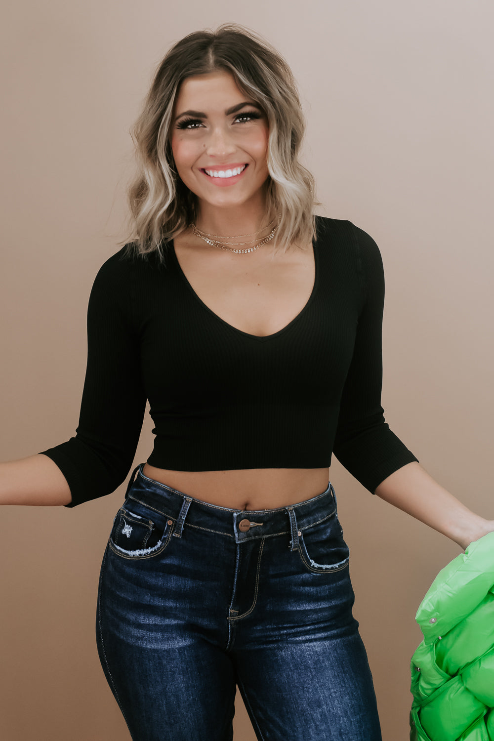 Ribbed 3/4 Sleeve V Neck Crop Top, Black – Everyday Chic Boutique