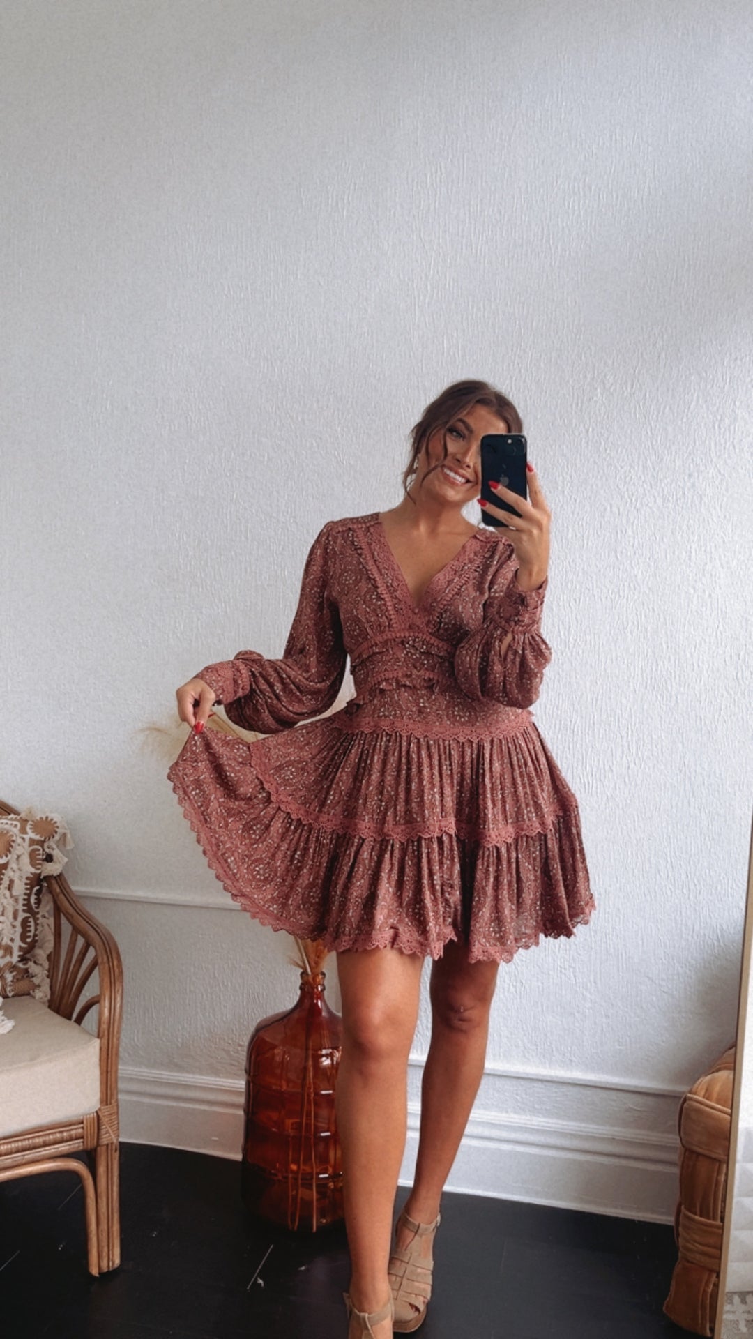 Effortless Charm Lace Tiered Mini Dress, Wine