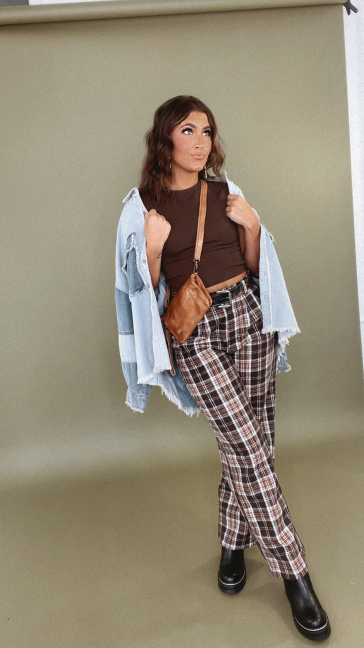 Plaid Straight Leg Pants, Brown