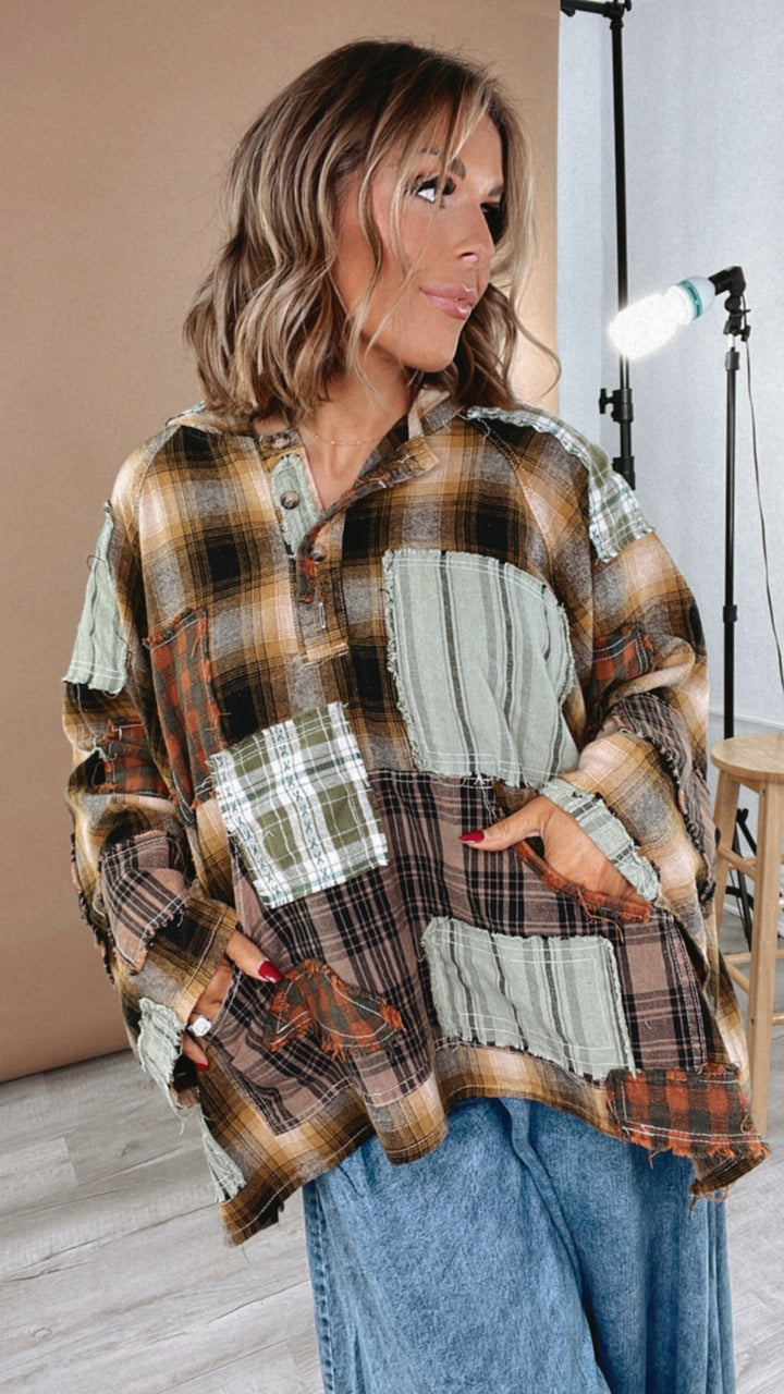 Mix It Up Patchwork Flannel Hooded Top