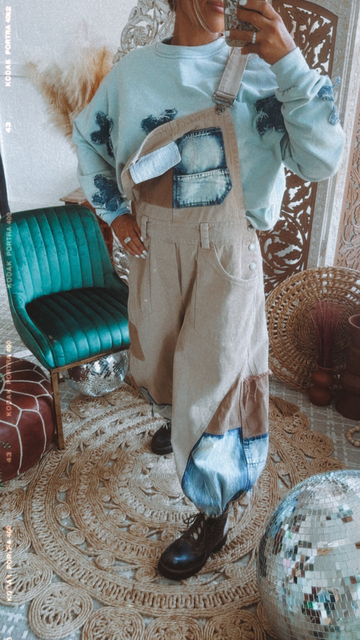 Picture This Patchwork Bib Overalls, Khaki