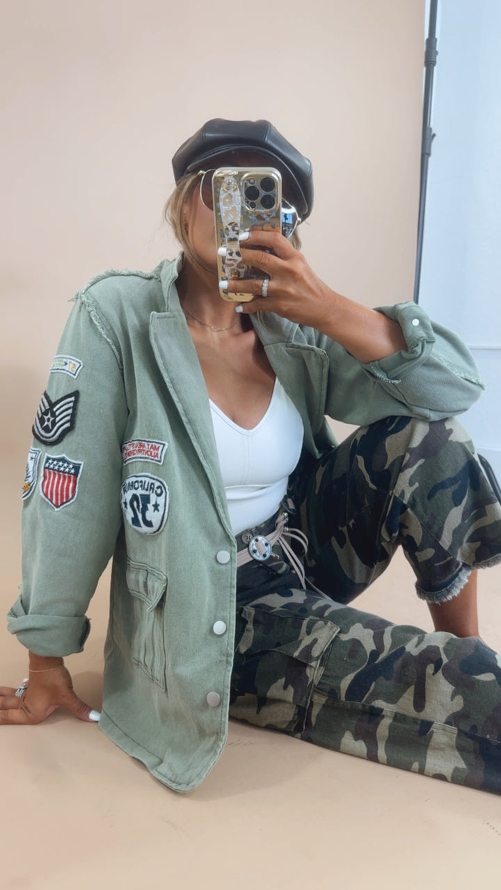 Vintage Patched Military Blazer, Powder Matcha