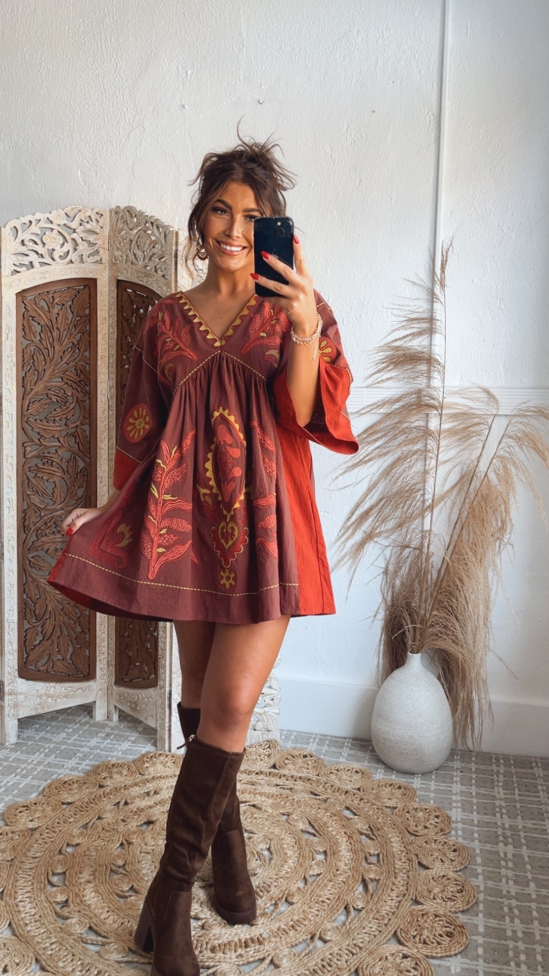 Vintage Love Boho Embroidered Mini Dress, Red