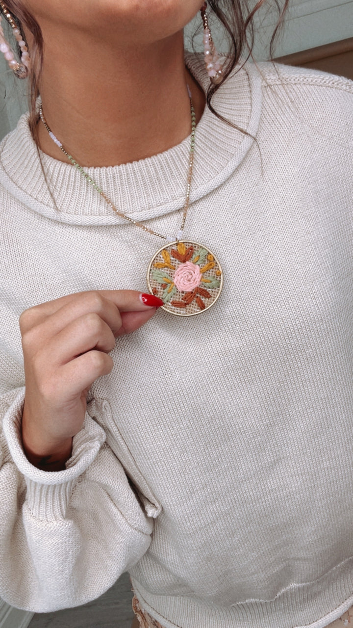 Vintage Inspired Cross Stitch Rose Necklace