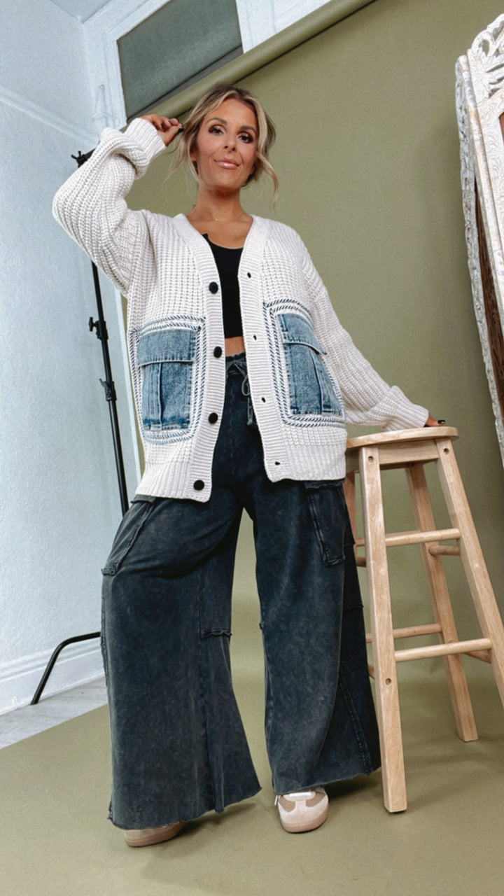 Easy Street Jean Pocket Oversized Cardi, Oatmeal/Denim