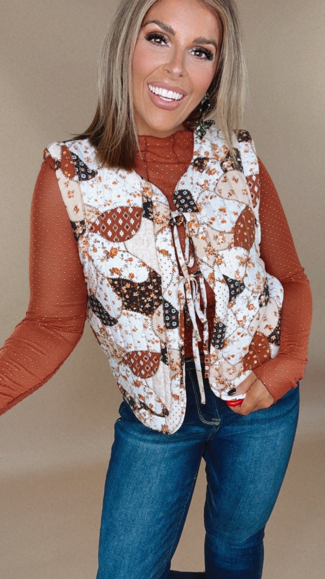 Full Bloom Multi Patchwork Quilted Vest, Brown