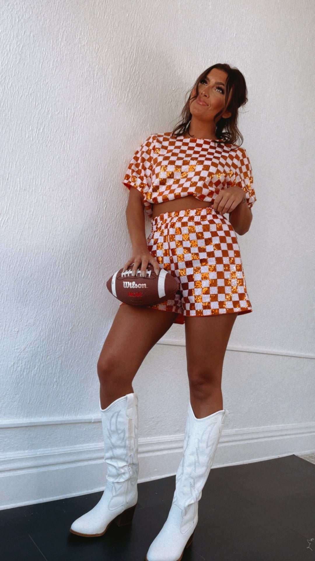 Orange & White Gameday Checkered Sequin Set