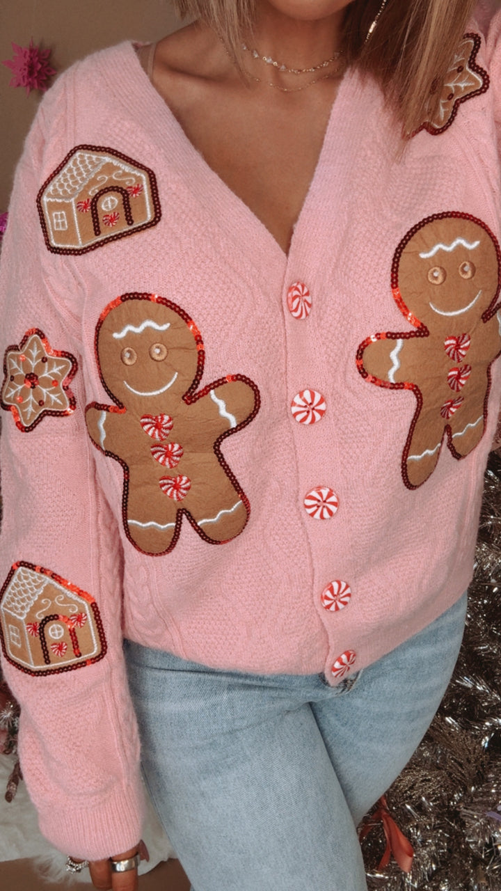 Holiday Gingerbread Man Cardi, Pink