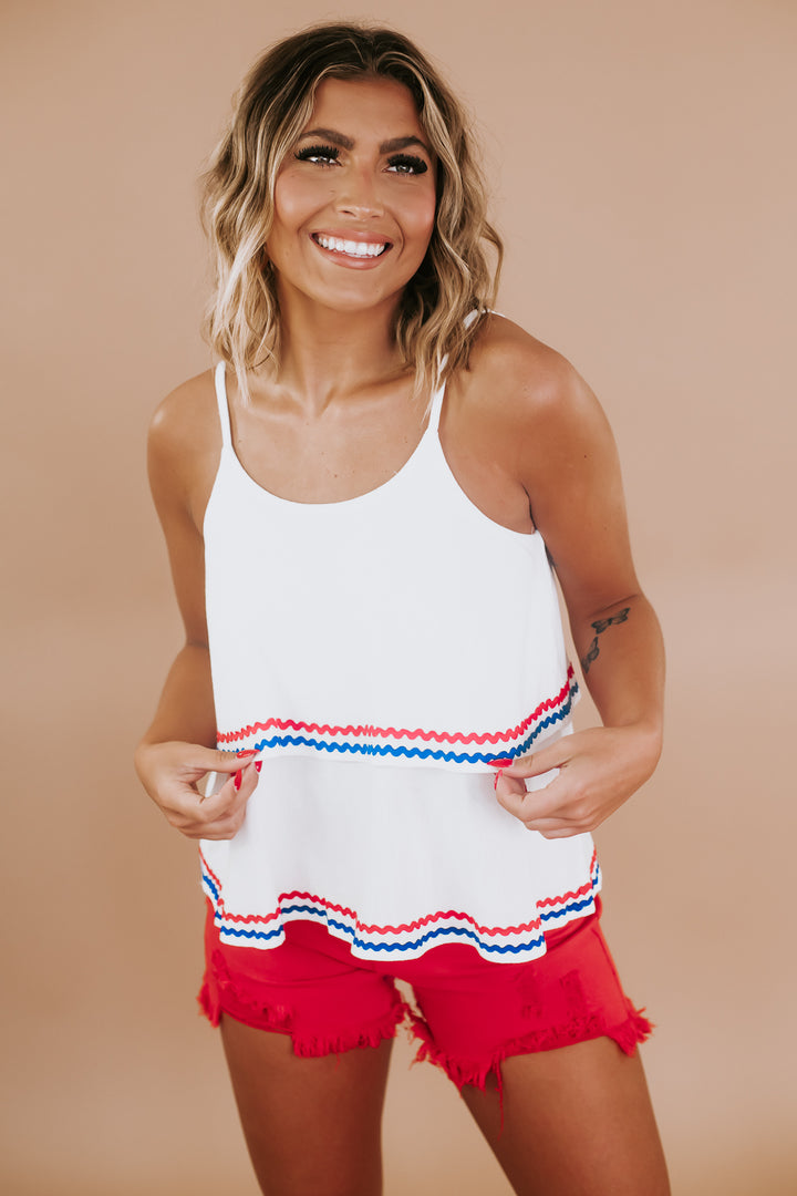 Red White and Blue Linen Tank, White