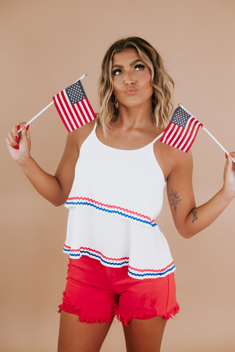 Red White and Blue Linen Tank, White