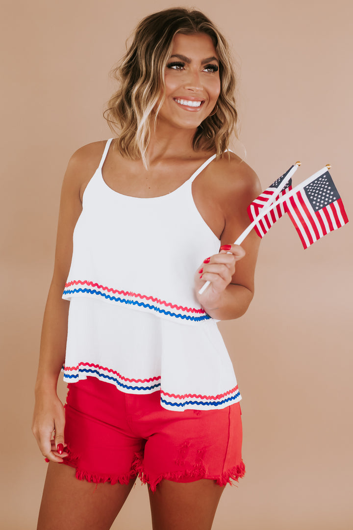 Red White and Blue Linen Tank, White