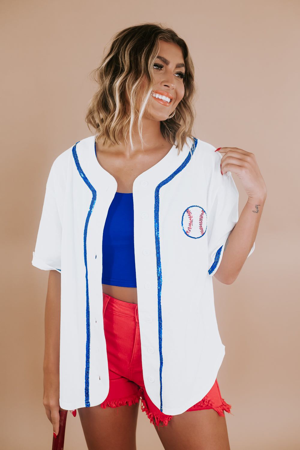 Sequin Embroidered Baseball Jersey Top, White