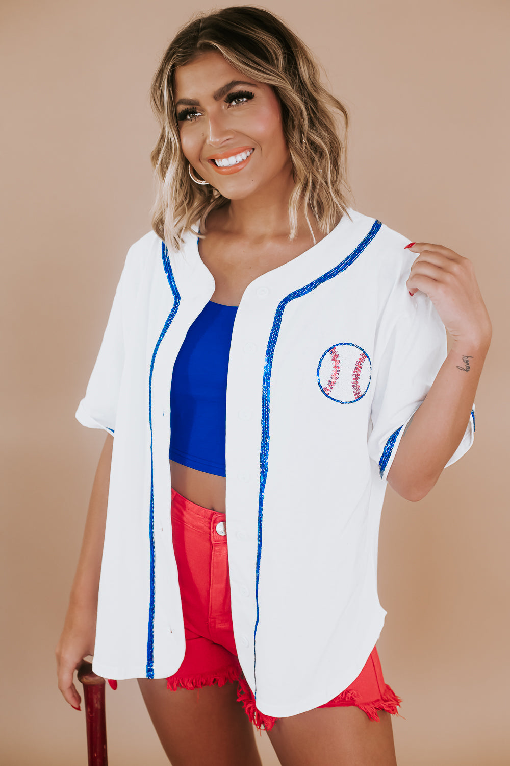 Sequin Embroidered Baseball Jersey Top, White