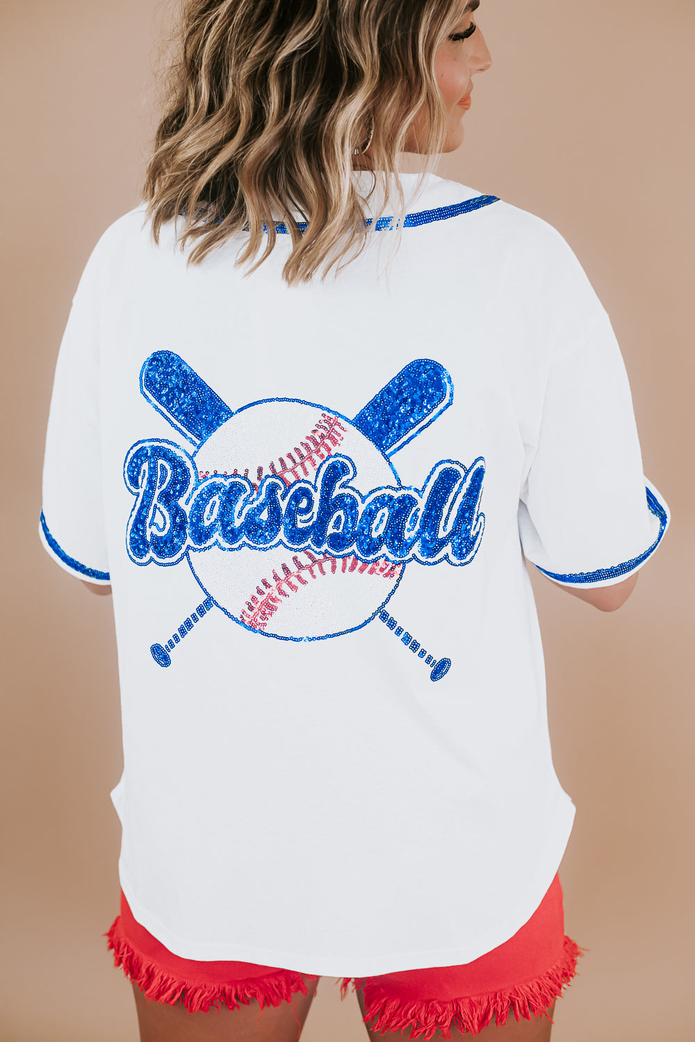 Sequin Embroidered Baseball Jersey Top, White