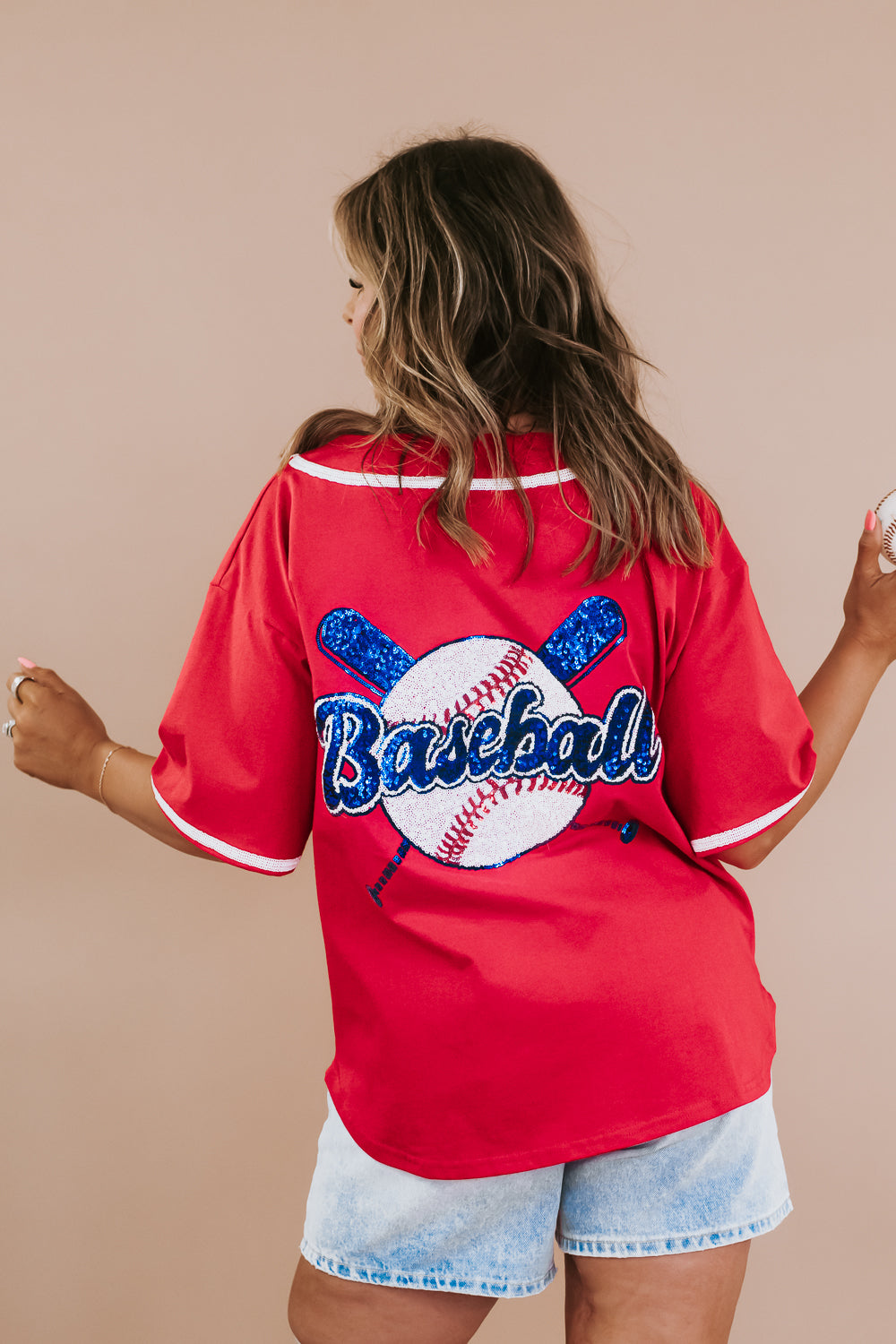 Sequin Embroidered Baseball Jersey Top, Red