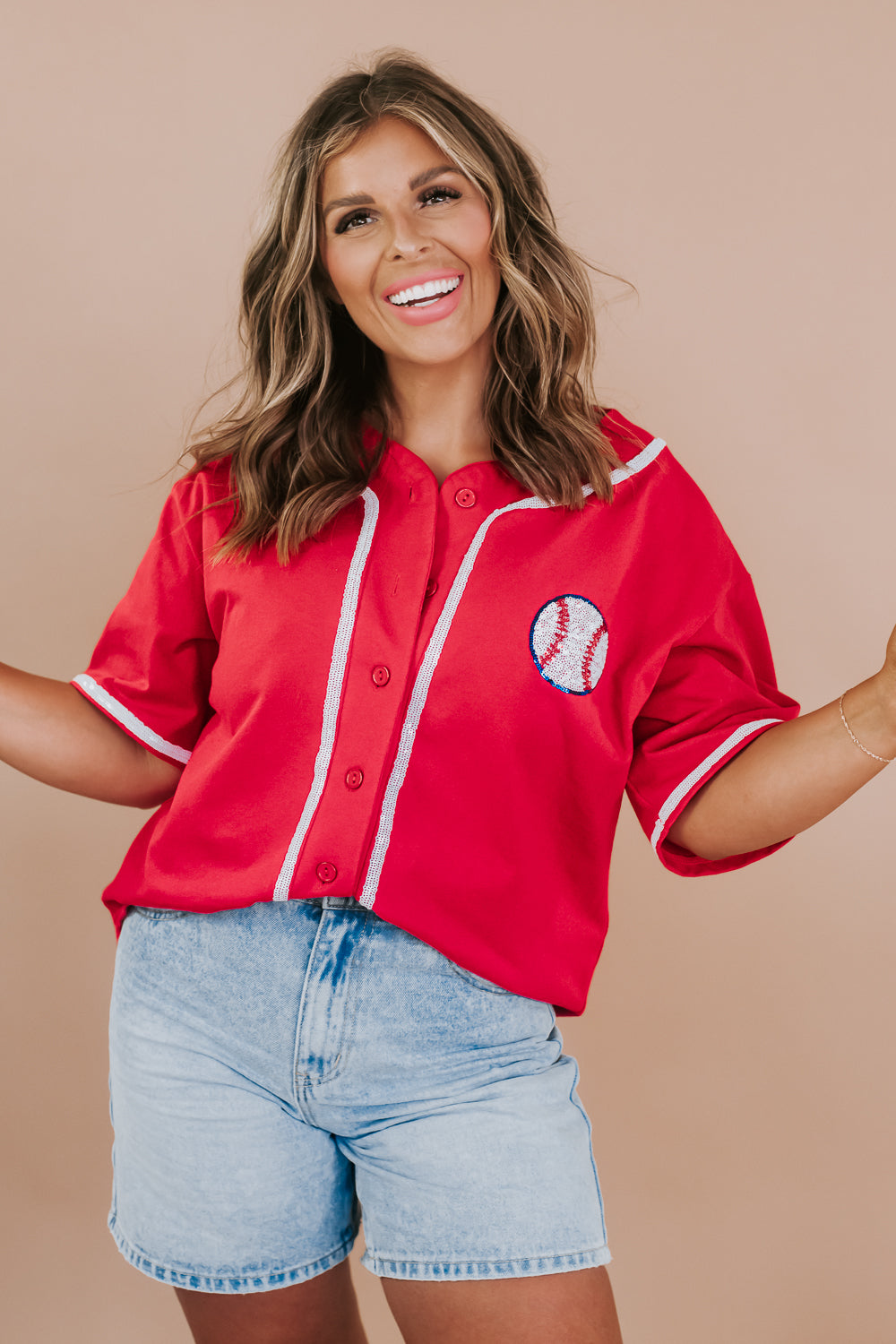 Sequin Embroidered Baseball Jersey Top, Red