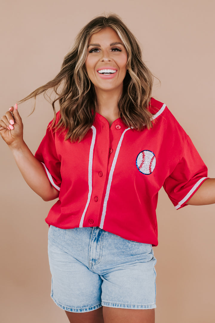 Sequin Embroidered Baseball Jersey Top, Red