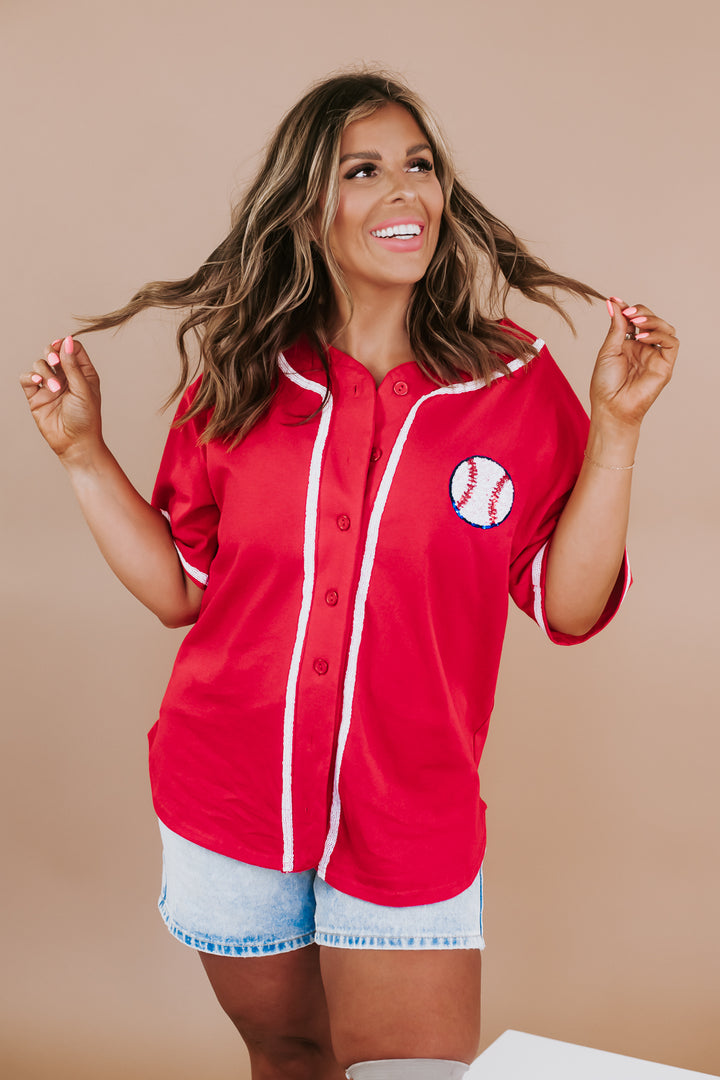 Sequin Embroidered Baseball Jersey Top, Red