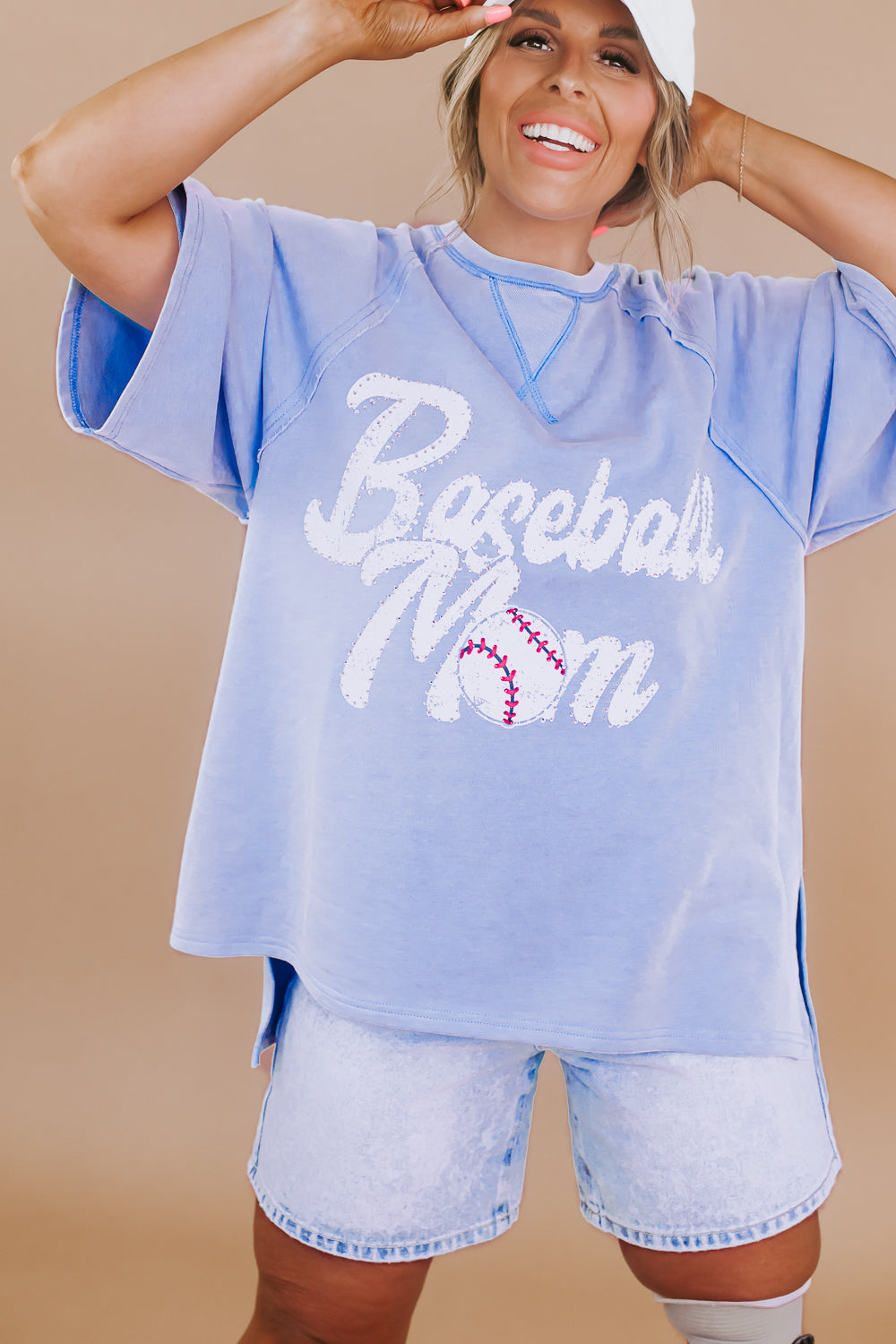Baseball Mom Oversized Rhinestone Tee, Blue