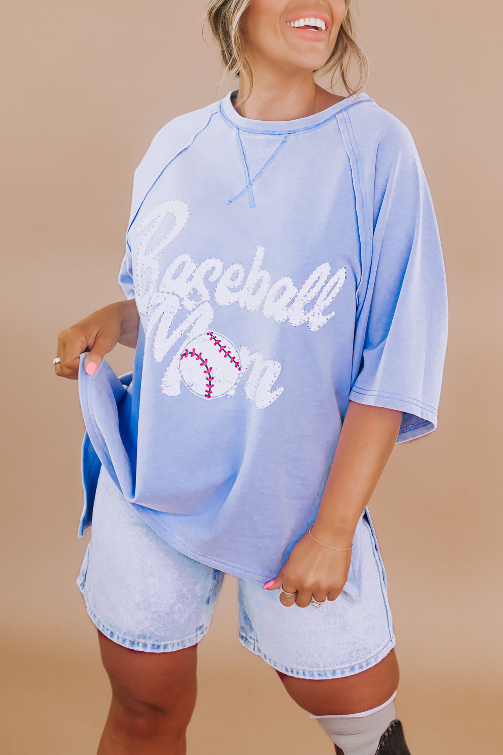 Baseball Mom Oversized Rhinestone Tee, Blue