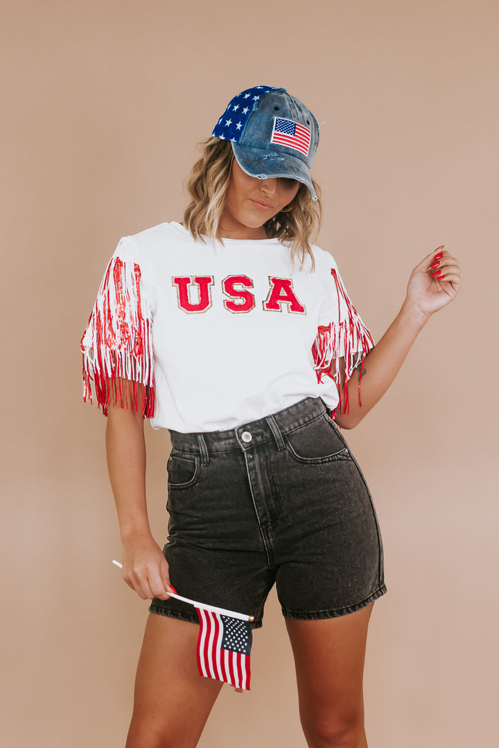 USA Spirited Fringe Top, White/Red