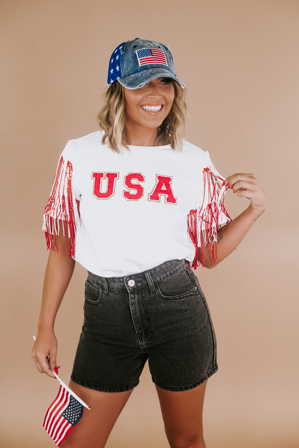 USA Spirited Fringe Top, White/Red