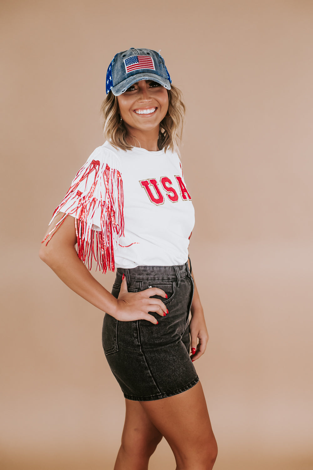 USA Spirited Fringe Top, White/Red