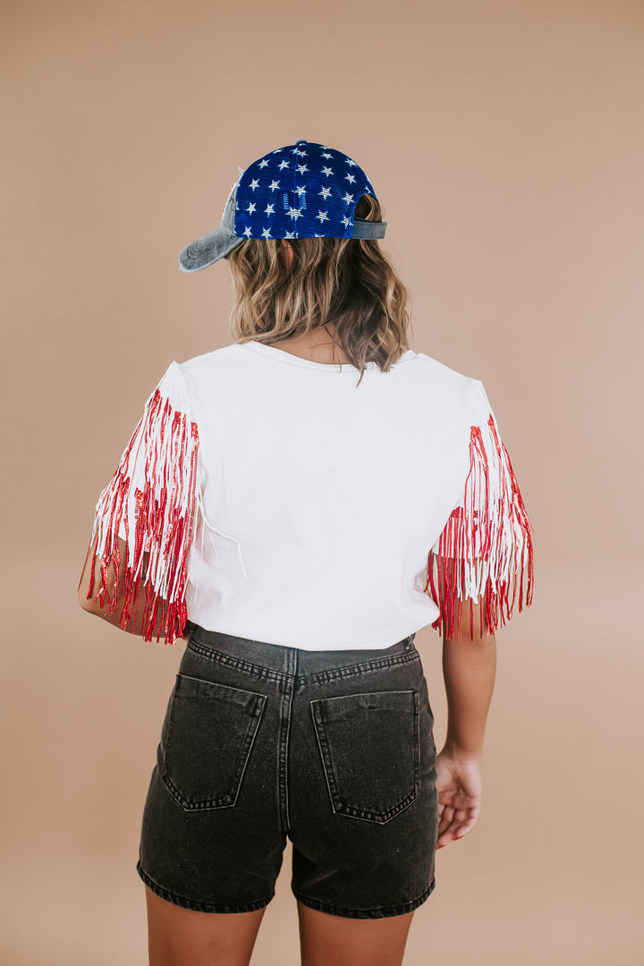 USA Spirited Fringe Top, White/Red