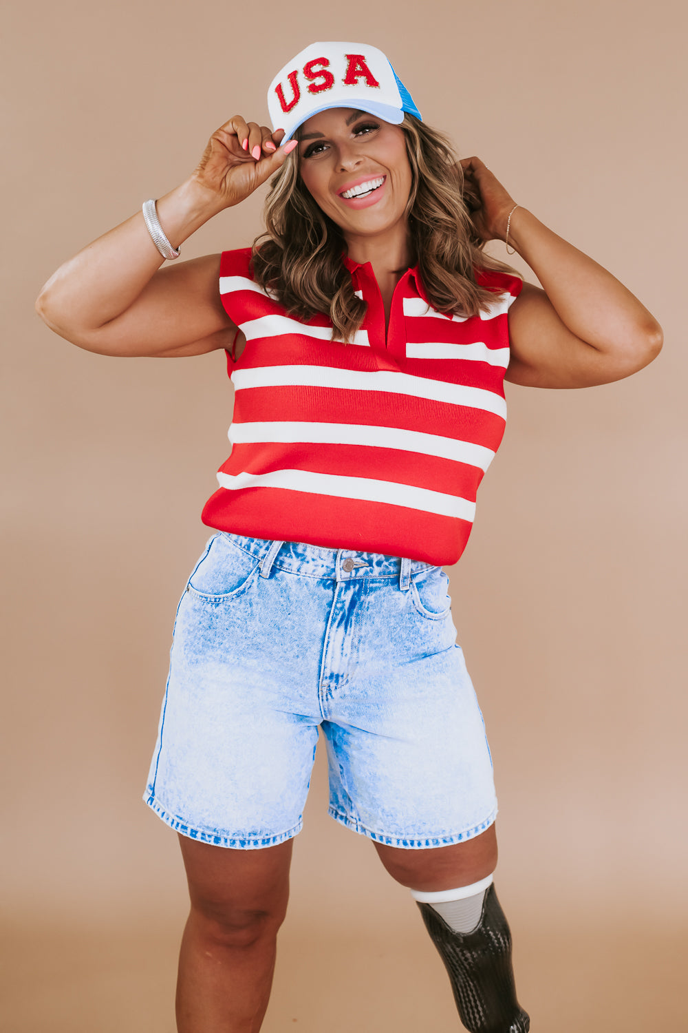 Striped Sleeveless Tank, Red