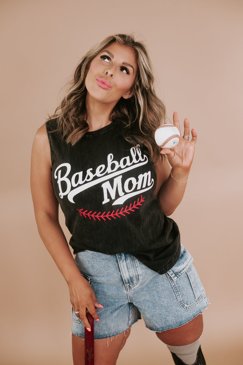 Baseball Mom Graphic Tank, Black/Red