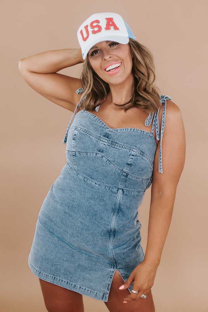 Front Slit Denim Mini Dress Romper, Blue