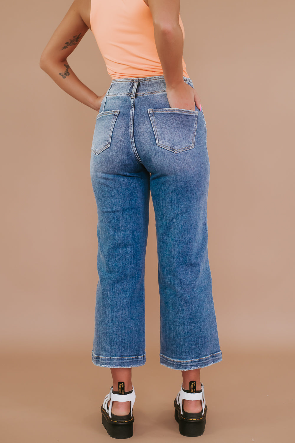 Double Button High Rise Front Seam Detail Jeans, RISEN