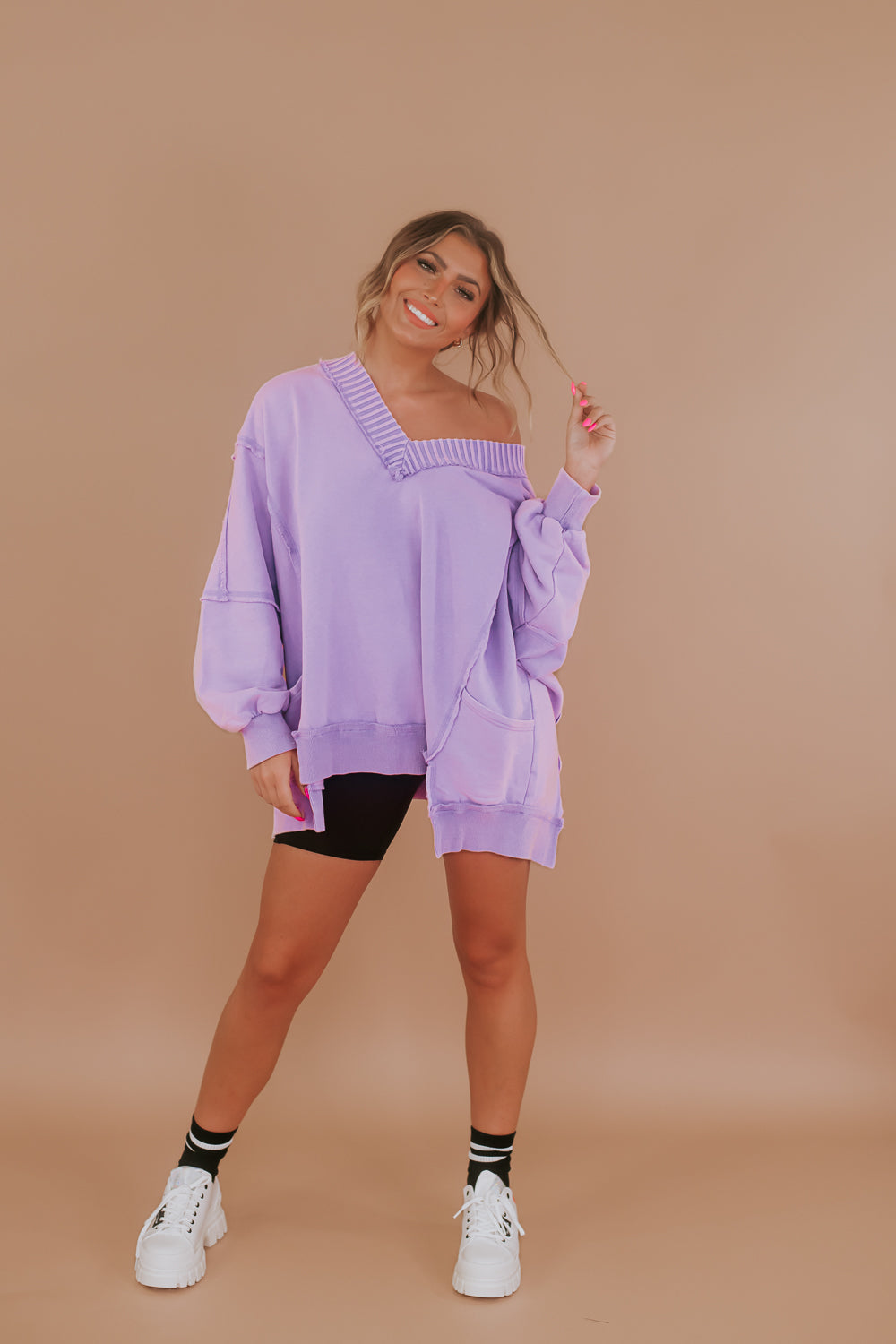 Live in it Oversized V Neck Sweatshirt, Purple