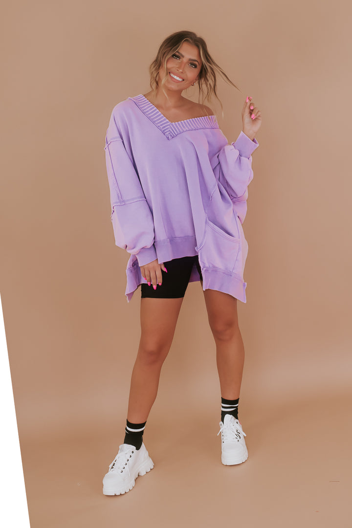 Live in it Oversized V Neck Sweatshirt, Purple