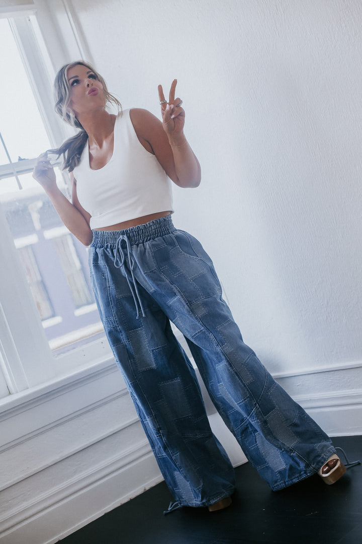 Demi Denim Checkered Patchwork Jogger Pant