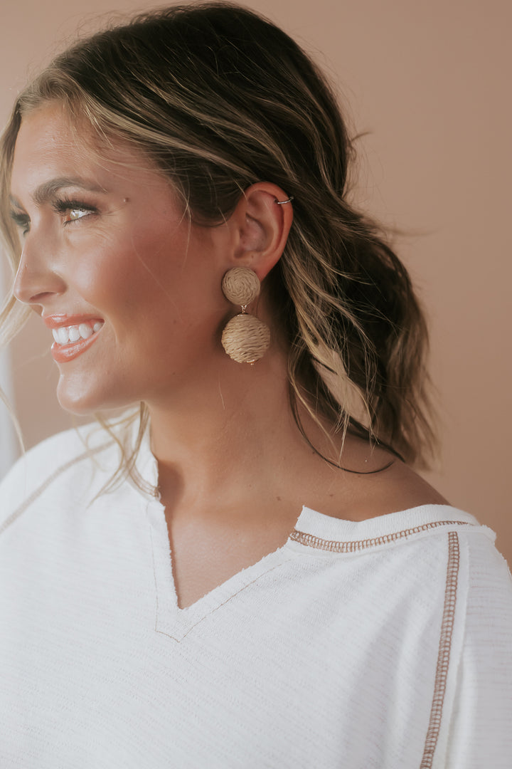 Raffia Wrapped Ball Post Drop Earrings