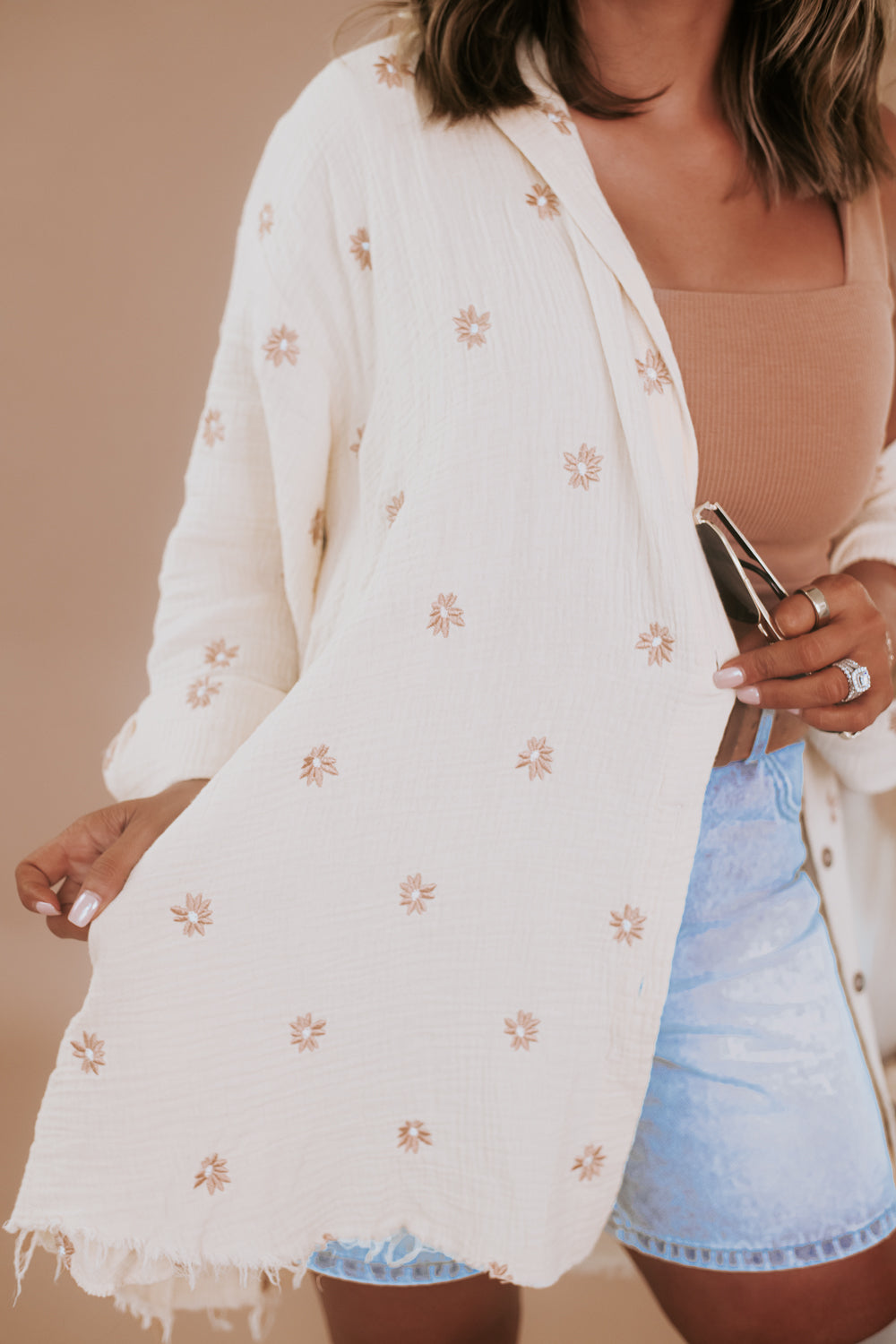 Oversized Button Up Floral Embroidered Top, Cream